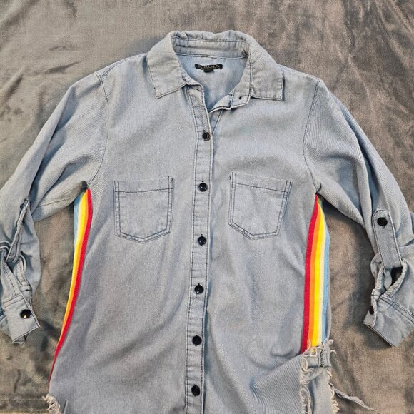 Kroix Shirt Womens Medium Blue Chambray Longline Distressed Rainbow Tunic - Picture 9 of 13